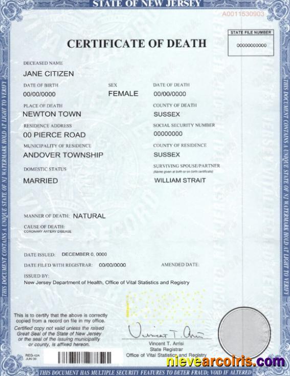 USA state New Jersey death certificate